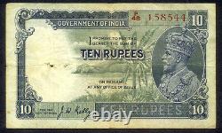1928 British India 10 Rupees King George V P-16b Sig. J W Kelly F/vf Rare Note