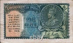 1935 British India One Rupee J. W. Kelly, George V King Emperor Banknote RARE