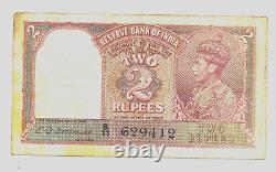 1943 India 2 Rupee TWO RED Banknote of King George VI GB UK Great Britain P 17