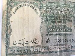 1948 Pakistan 5 Rupees British India RBI Overprint Rare