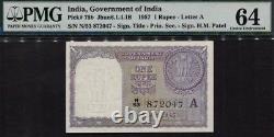 1957 India 1 Rupees Set Of 3 Sequential Notes Pmg 64 S/n N/53 872045,046,047