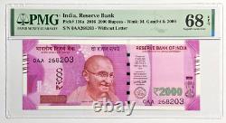 2016 India 2000 Rupees Prefix 0AA First Print Pick# 116a PMG Graded Gem 68EPQ