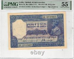 BRITISH INDIA 10 RUPEES P#7a 1917-30 WMK KING GEORGE V SIGN H. DENNING PMG 55