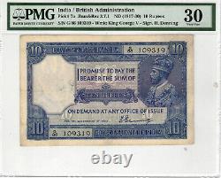 BRITISH INDIA 10 RUPEES P#7a 1917 WMK KING GEORGE V SIGN H. DENNING PMG 30 Lt40