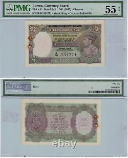 BURMA 1947 5 RUPEES P #31 WMK KING OVPT ON INDIA#18B PMG 55 NET UNC Lt No. 50