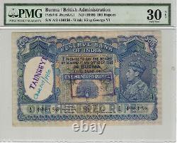 BURMA INDIA 100 RUPEES P#6 1939 KING GEORGE VI PEACOCK RARE ELEPHANT PMG 30 Lt53