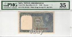 British Administration 1 Rupee 1940 P # 25b Wmk King George Vi-red S/n Pmg 35