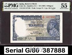 British India 10 Rupees ND (1937) KGVI Serial 387888 Pick-19a About UNC PMG 55