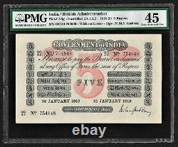 British India 1919 5 Rupees Uniface, PMG Choice XF 45 Gubbay Sign Note P# A6g