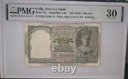 British India 1943 Pick# 23b 5 Rupees PMG30 King George VI-Red Serial Number