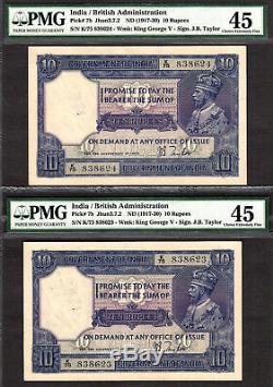 British India 2 Consecutive 10 Rupees (1917-30) Taylor Pick-7b Extra Fine PMG 45