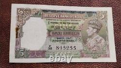 British India 5 Rupee George VI Side Face Legal Tender Burma Aunc Note
