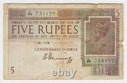 British India 5 Rupees ND 1917 1930 P4a King George V Original F Prefix J