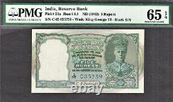 British India 5 Rupees ND (1943) KGVI Pick-23a GEM UNC PMG 65 EPQ