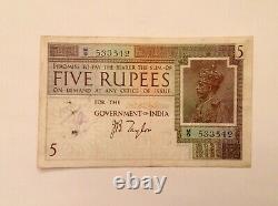 - British India Five 5 Rupees George V 1917 1930 P 4b J. B. Taylor
