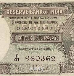 British India Five Rupees Reserve Bank KGVI 1937 PMG 30. Signed by J. B. Taylor