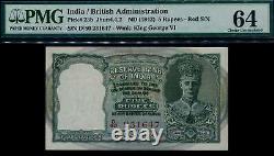British India KG 5 Rupees RED S/N. CD Deshmukh #p23b 1943 PMG 64 Choice UNC