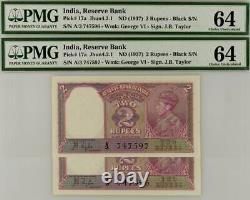 British India KG VI 2 Rupees PAIR Running No's J. B. Taylor #p17a 1937 UNC PMG 64