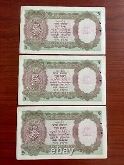 British India KG VI 5 Rupees 3 Sequential Notes XF/AU Condition Rare