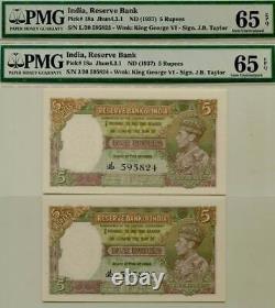 British India KG VI 5 Rupees PAIR Running No's. Taylor #p18a PMG 65 1937 GEM UNC
