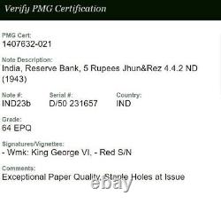 British India KG VI 5 Rupees x2 PAIR Running No's RED S/N #p23b 1943 PMG 64 EPQ