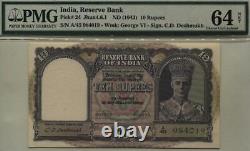 British India King George 10 Rupees Sign CD Deshmukh #p24 1943 Choice UNC PMG 64