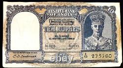 British India Rs 10 2nd Issue King George 6 Vf Deshmukh Front Profile Ww2 Period