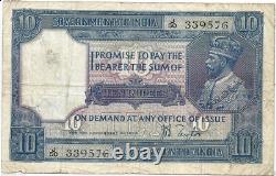 British India Rs 10 note 2nd issue KG V Prefix J Sign Taylor VF Issue 1926