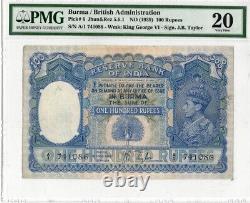 Burma India 100 Rupees P6 1939 King George VI Peacock Rare Elephant Pmg 20 Unc