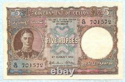 CEYLON 5 Rupees 1943 P36a VF+