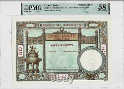 FRENCH INDIA 50 RUPEES P-7 1936 RARE PMG 58 EPQ INDIAN Large Size MONEY BANKNOTE