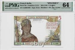 FRENCH INDIA 5 RUPEES P-5 bs 1946 RARE PMG Signed INDIAN PAPER MONEY BANK NOTE