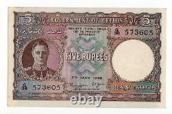 Government of Ceylon 1946 5 Rupees P-36 King George VI AU/UNC