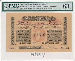 Government of India India 5 Rupees 1907 Calcutta PMG 63