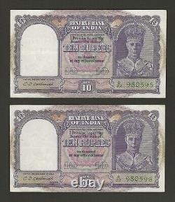 INDIA 10 Rupees 1943, P-24 Deshmukh, Consecutive Pair, Crisp VF, KGVI Banknotes