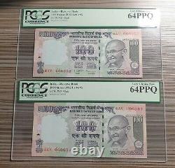 INDIA 2012 100 rs RUPEES UNC PAIR LOW SERIAL NUMBER 1 and 2! PMG 64 PPQ