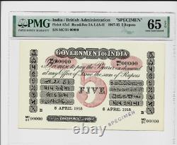 INDIA 5 RUPEES P-A5 1907-1915 EXTREMELY RARE Specimen UNC PMG 65 EPQ Indian NOTE
