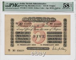 INDIA 5 RUPEES P-A6G 1920 RARE CHOICE almost UNC PMG 58 EPQ Indian Money NOTE