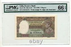 INDIA 5 Rupees ND 1943 with King George Pick # 18b PMG 66 UNC
