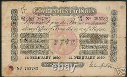 INDIA 5 Rupees P A6G 1918 Un Recorded Date Uni face Gubbay Sign Money Bank Note