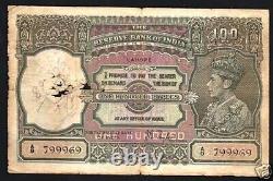 India 100 RUPEES P-20 1937 Rare Lahore (Pakistan) King George VI Indian NOTE
