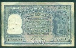 India 100 Rupees 1951 Rama Rau Sign 72 P. 42a Black Serial # 990054