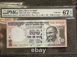 India 100 Rupees, 2012 Solid Super Fancy 222222 PMG Superb Gem Unc 67 EPQ