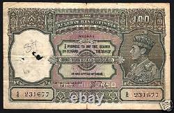 India 100 Rupees P20 1937 King George VI Madras British Tiger Rare Money Note