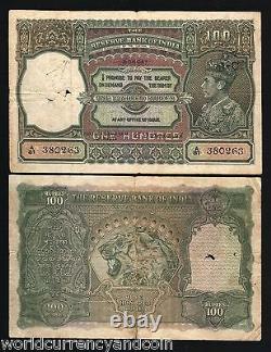 India 100 Rupees P-20 1943 King George VI Bombay Tiger Indian Currency Bill Note