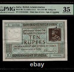 India 10 Rupees 1917-30 P-5b PMG VF 35 Rare Blue Color