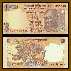 India 10 Rupees, 1996 P-89r Sig 89 Letter S Solid S/N 555555 Tiger Gandhi Unc