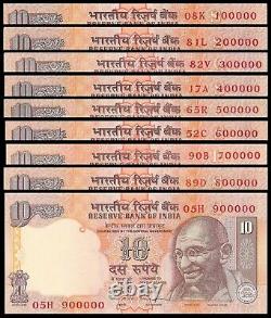 India 10 Rupees 9 Bank Notes Rare Super Solid Serial Number 100000-900000 UNC