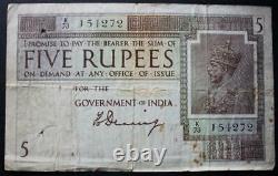 India 1917 Five Rupees Bank Note, Denning Signed