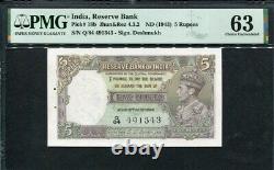 India 1943, 5 Rupees, P18b, PMG 63 UNC(Staple Holes)